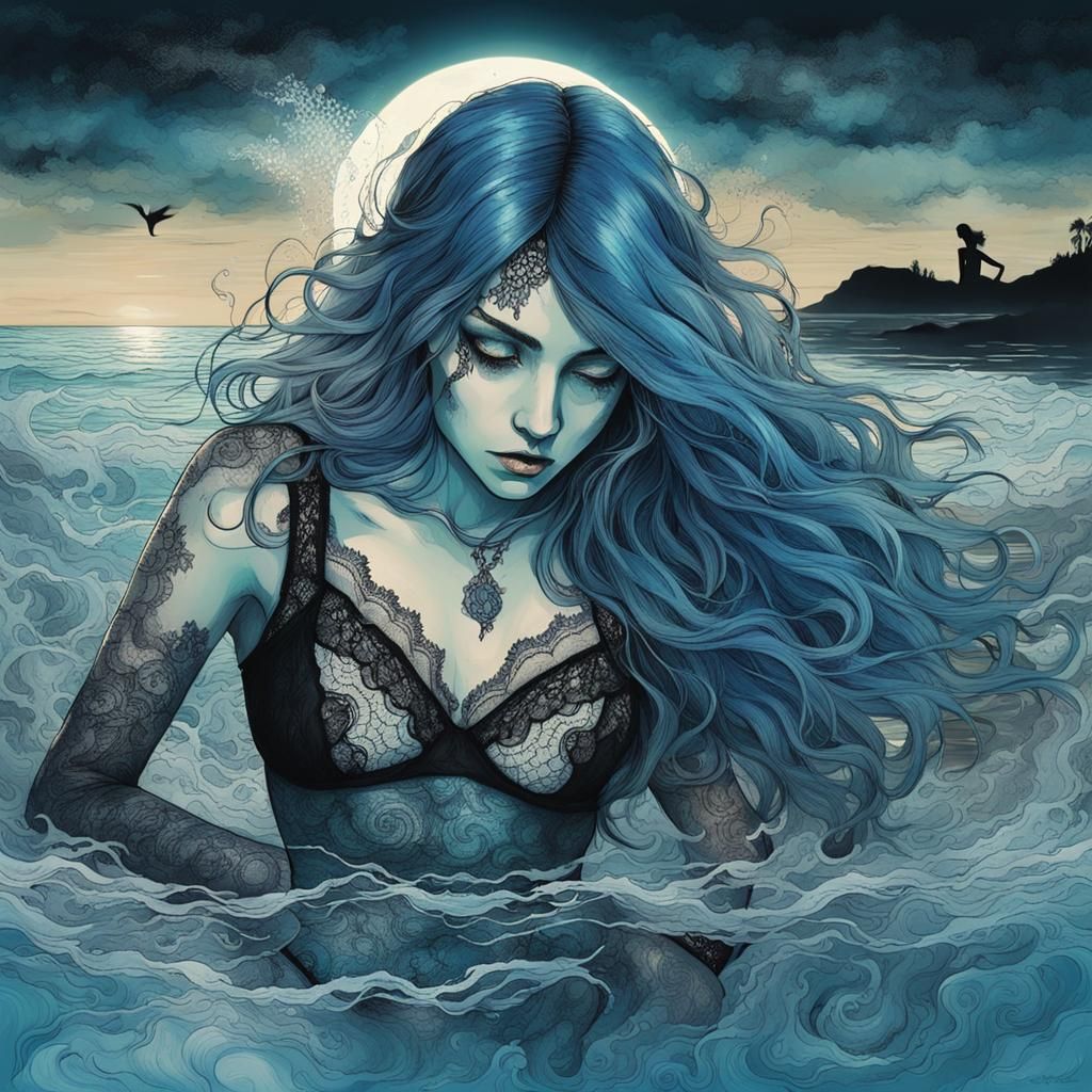 Blue-Haired Woman Emerges from Water, Abstract Art