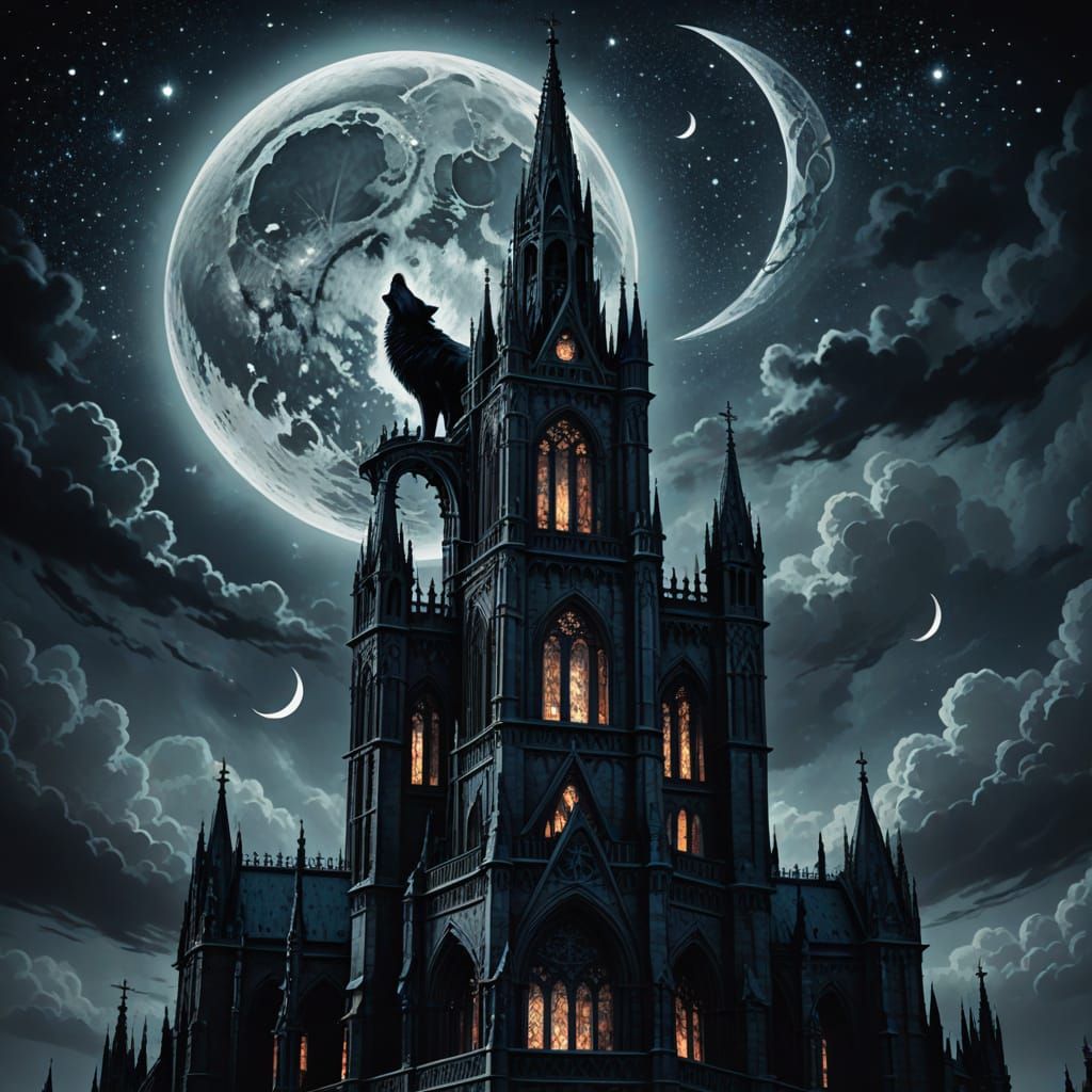 Phantom Wolf in Moonlight on Gothic Cathedral