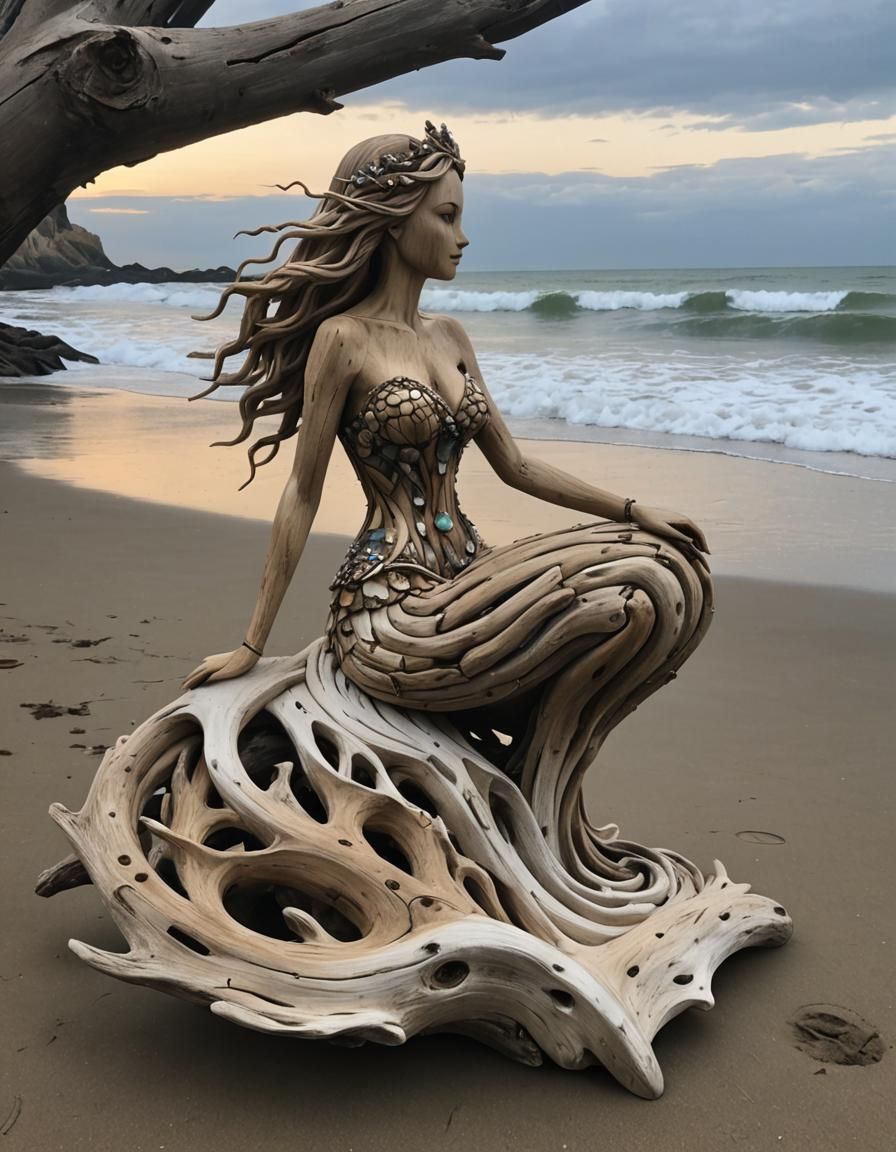 Driftwood Mermaid Sculpture on a Beach