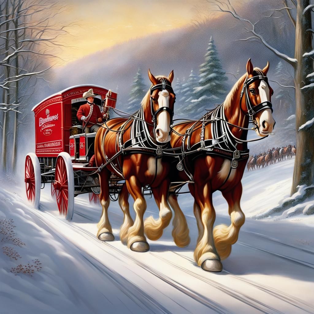 "Six budweiser Clydesdales" realistic pulling the restored turn-of-the-century beer wagons for Budweiser up a snowy hill...