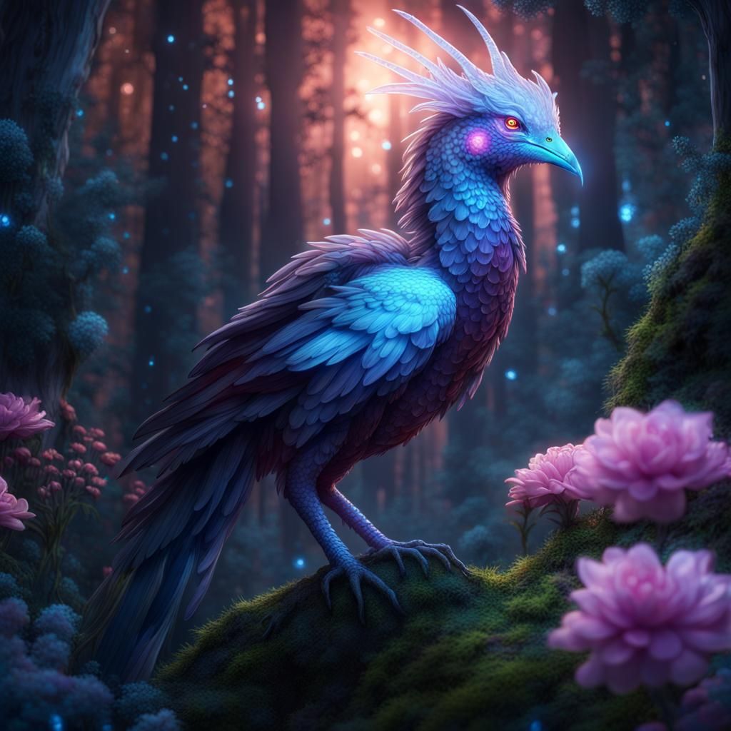 Glowing Translucent Cockatrice in Bioluminescent Forest