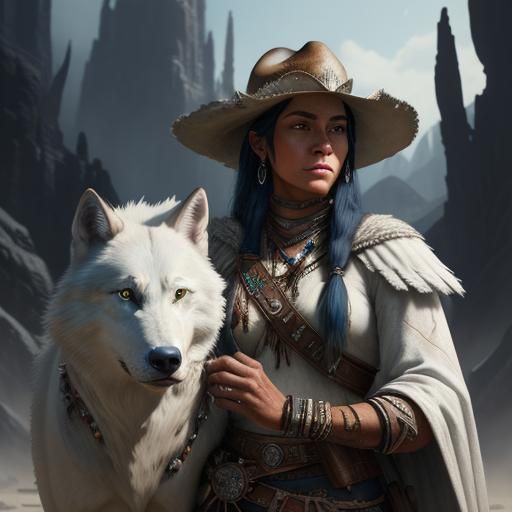 Cowboy and Native American with White Wolf