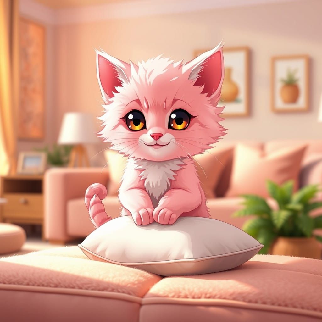 Chibi Pink Kitten Surrounded by Warmth and Comfort