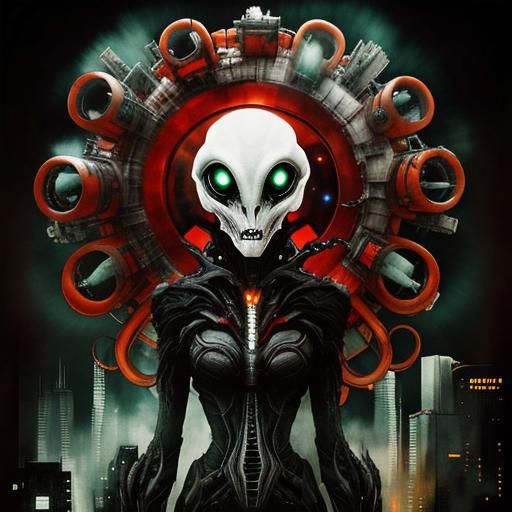 Alien Creature in Dystopian Cityscape: Double Exposure Photo...