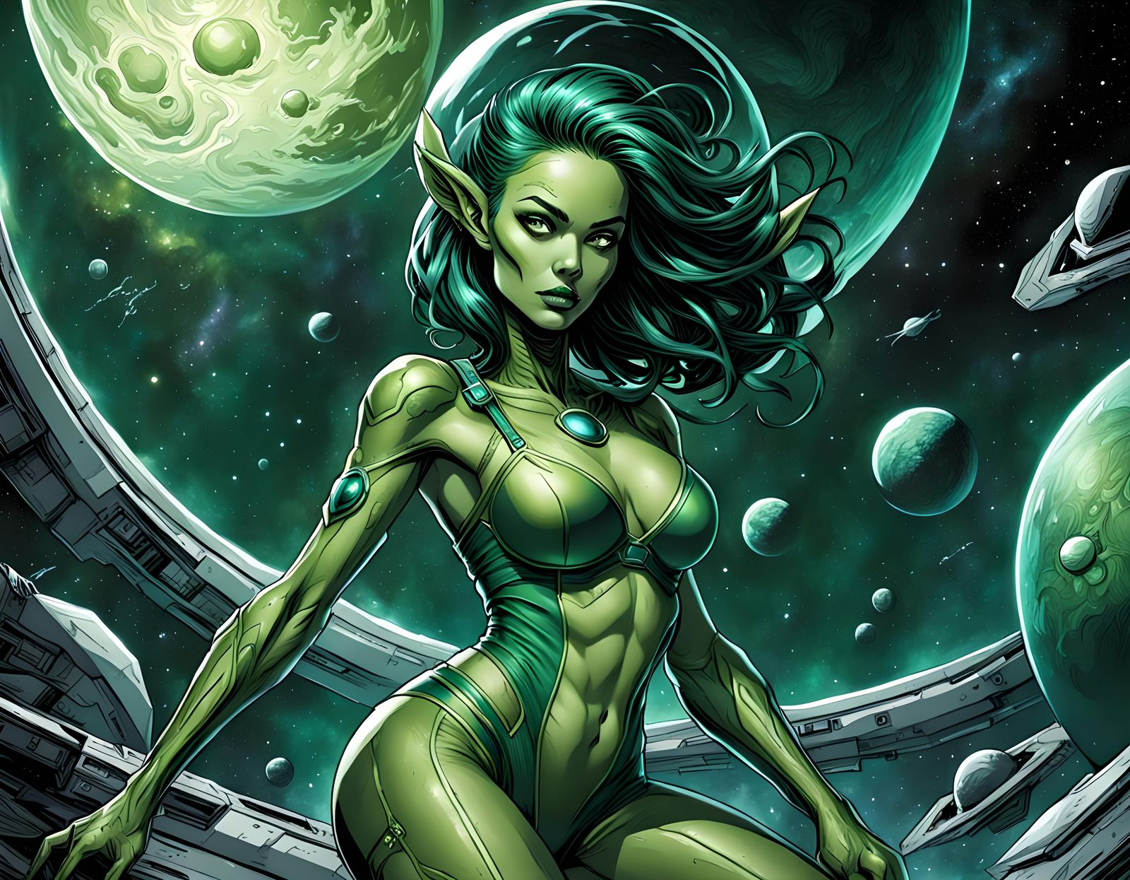 Green Alien Girl in Space Underwear, Comic Art