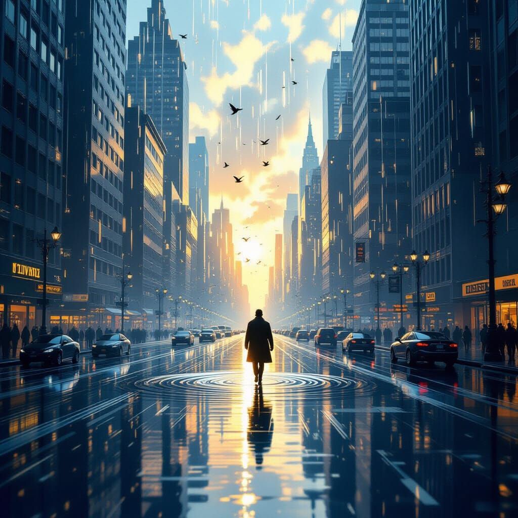 Frozen Metropolis in Sunlight Rays