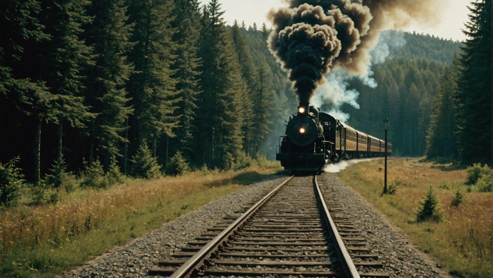 Vintage Train on Tracks: Analog Film Photo