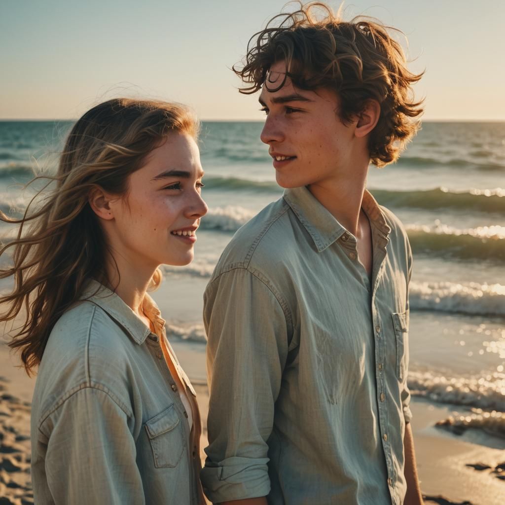 Young Couple Conversing on Beach in Cinematic Style