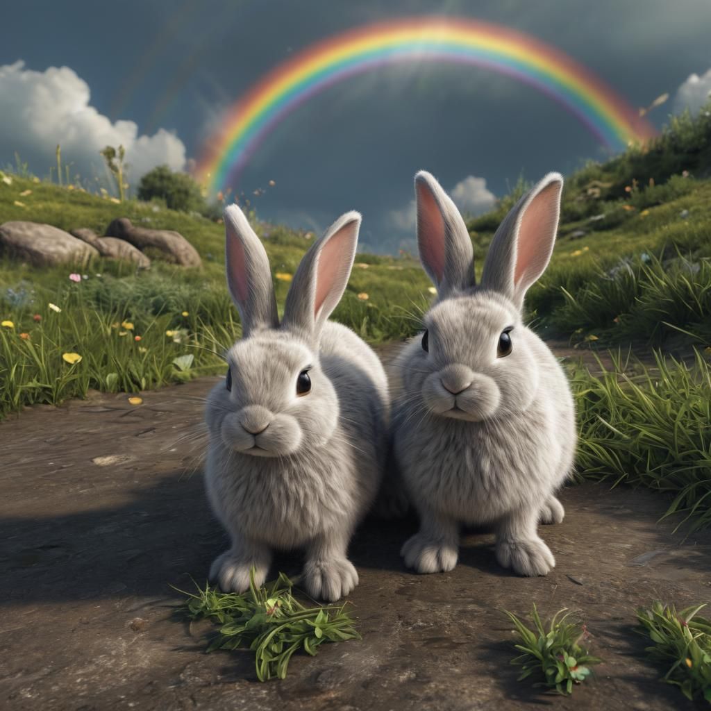Bunnies Under Rainbow Sky in 3D Game Art
