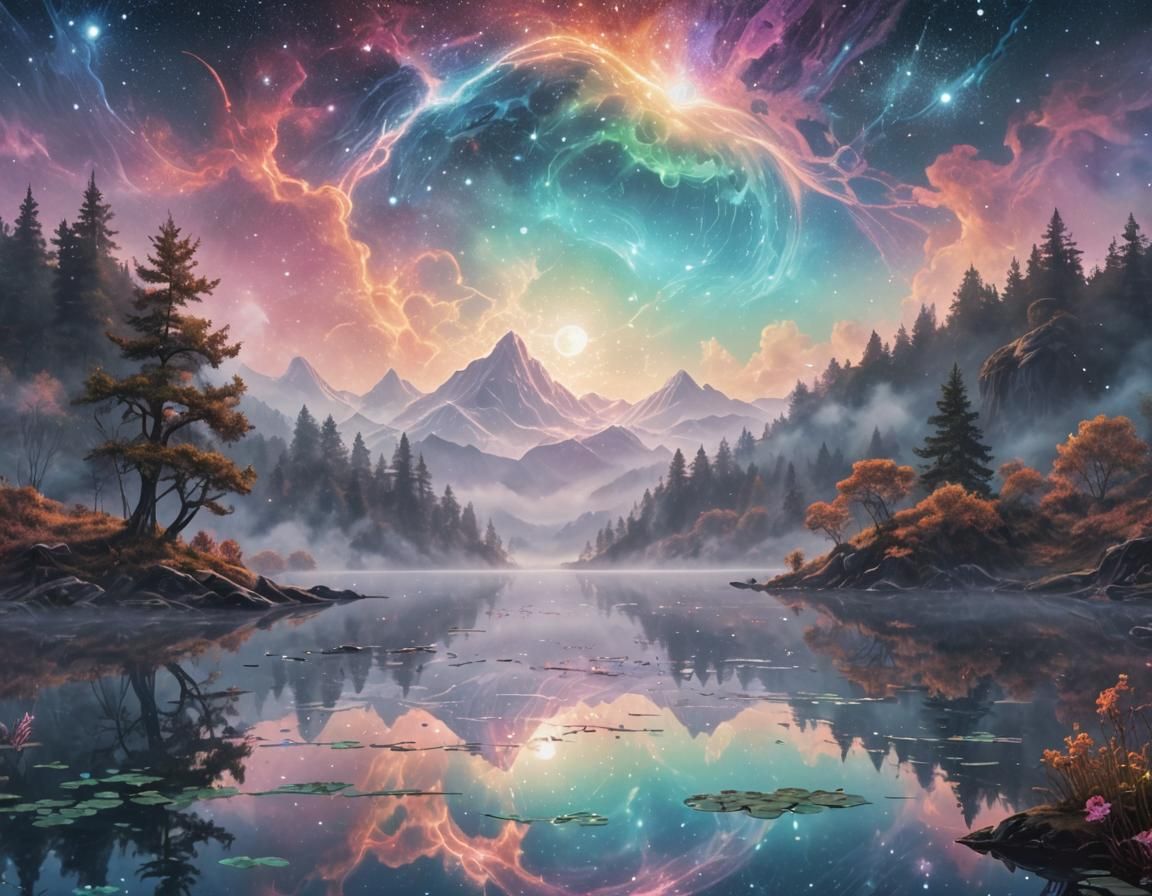 Ethereal Lake Mist: Holographic Astral Illustration