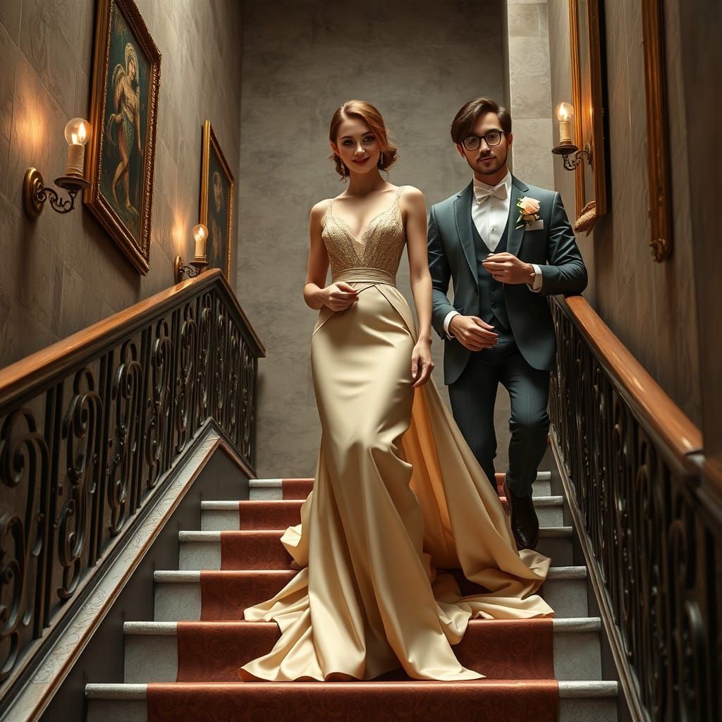 Elegant Russian Woman Descending Stairs in Luxurious Classic...