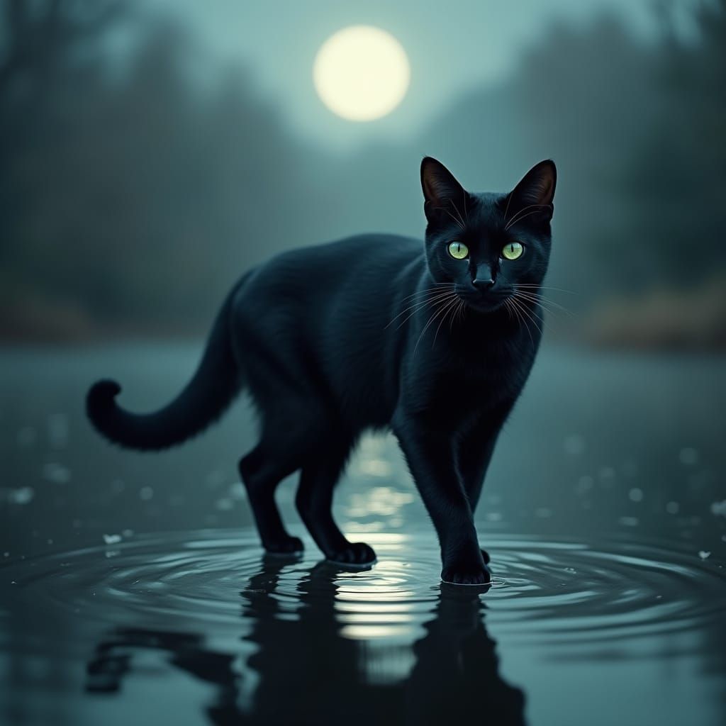 Midnight Cat Glides on Serene Lake Under Full Moon