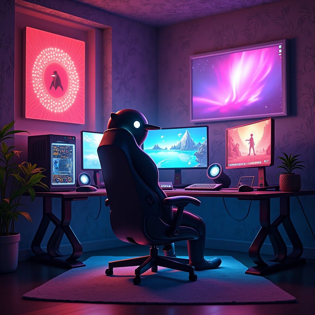 Penguin Gamer in RGB Lit Room