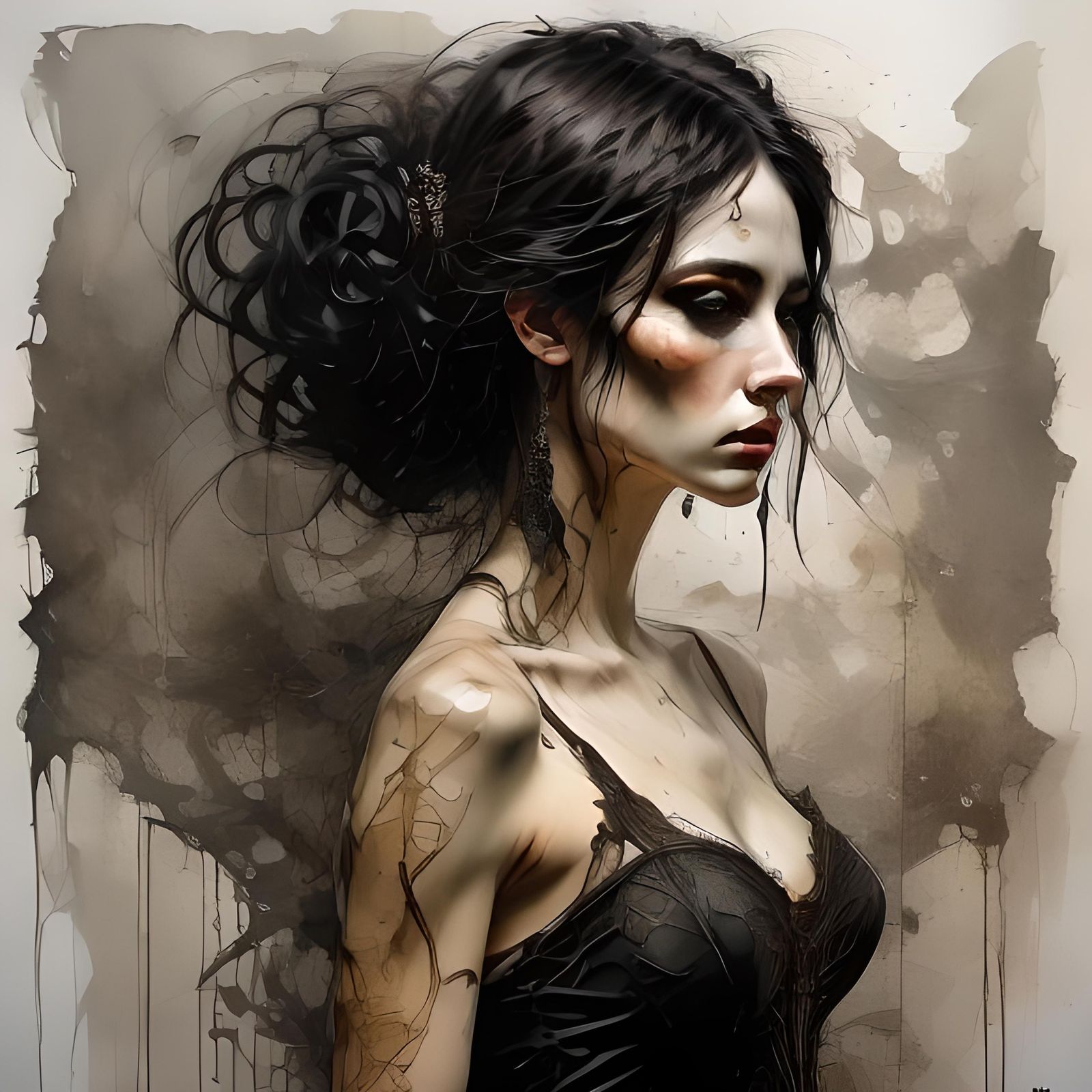 Gothic Girl with Edgy Style in Inky Portrait