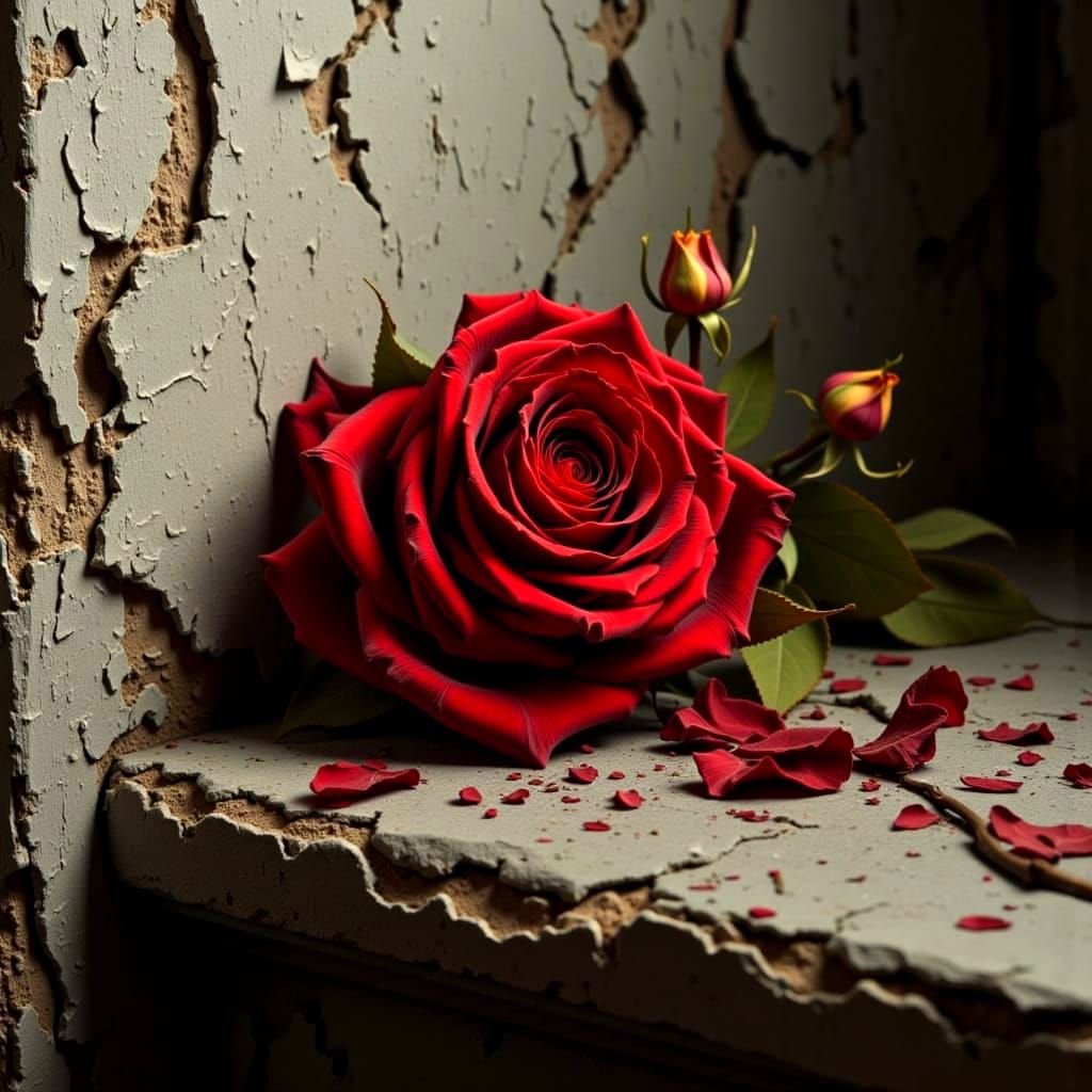 red rose in front of a peeling plaster wall.