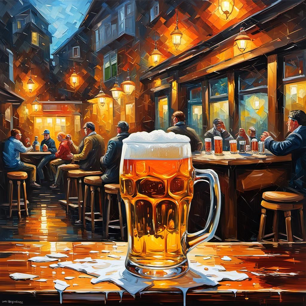 Abstract Oil Painting of Beer in a Pub Scene