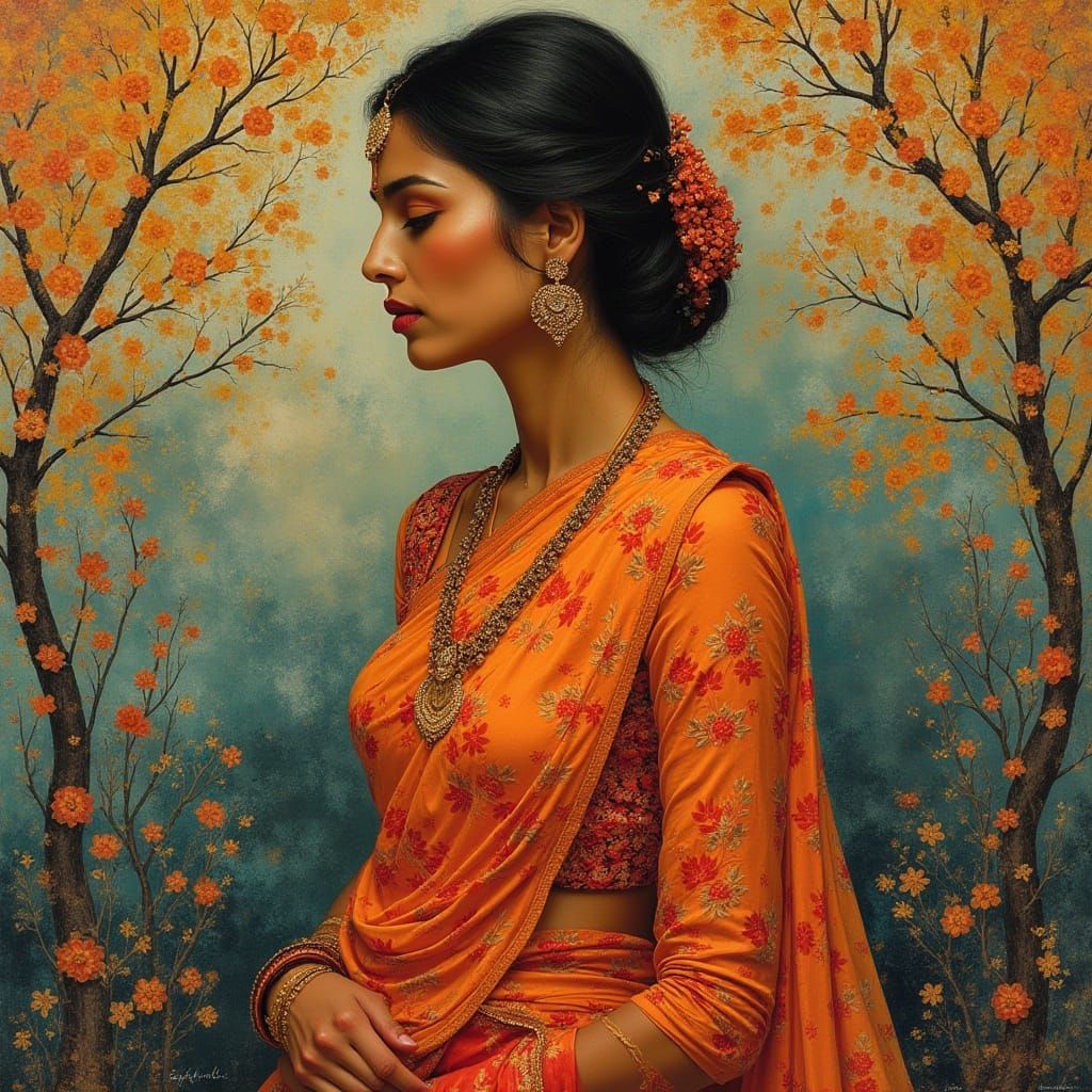 Indian Goddess in Vibrant Folk Art Dreamscape