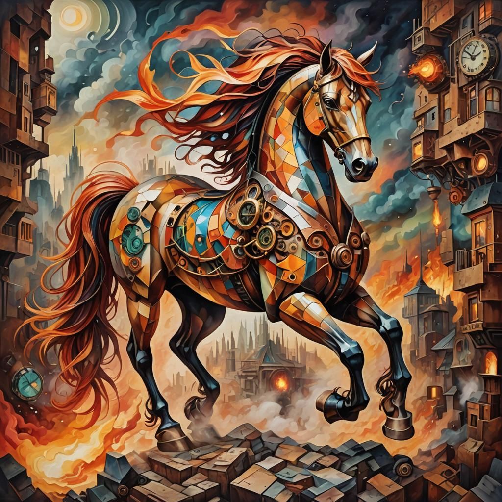 Surreal Cubist Steampunk Fiery Horse Dreamscape