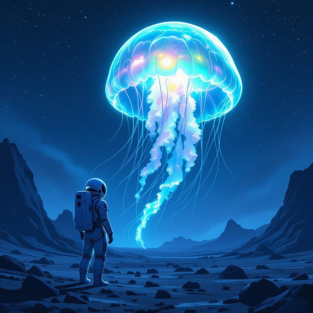 Astronaut and Bioluminescent Jellyfish in Alien Landscape