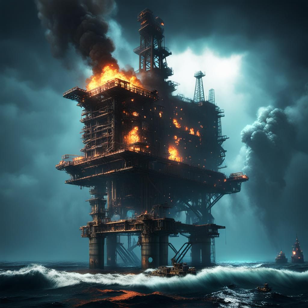 Post-Apocalyptic Burning Oil Platform: 3D Game Art