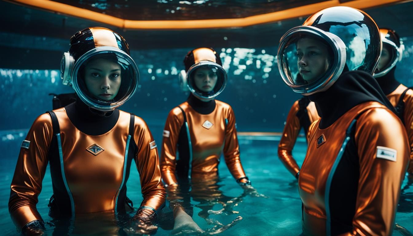 Futuristic Scuba Divers in Underwater Training Pool