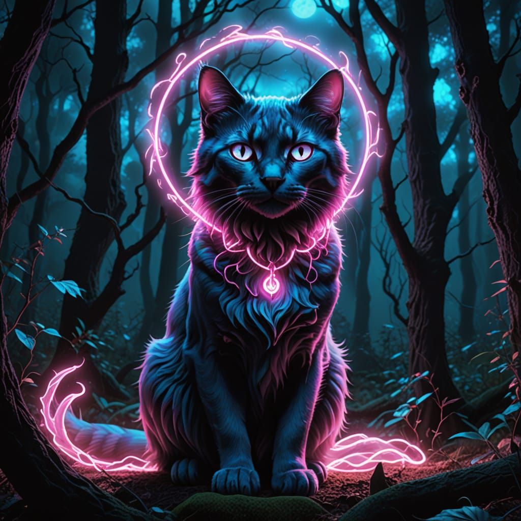 Mystical Neon Ghost Cat in Enchanted Forest