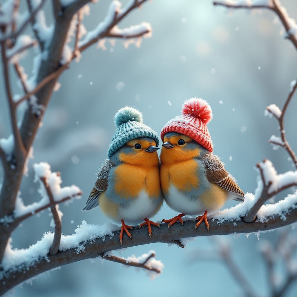 Snowy Winter Wonderland with Birds in Mikulás Hats