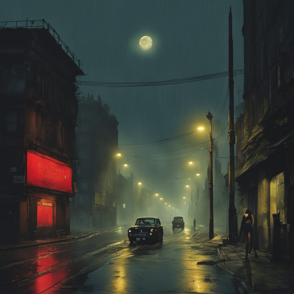 Ethereal Futuristic Noir Vision of a Petite Woman on a Rainy...