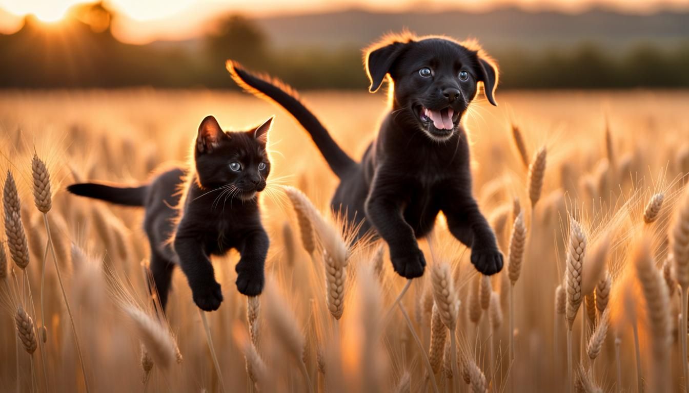 Kitten Rides Labrador Through Wheat Field at Dawn