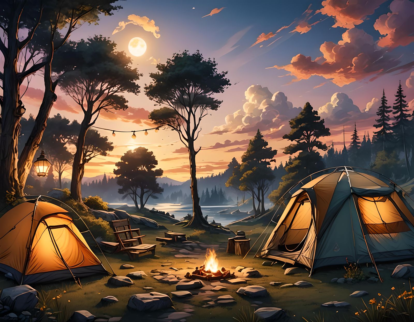 Sunset Camping: Detailed Ink Fantasy Art