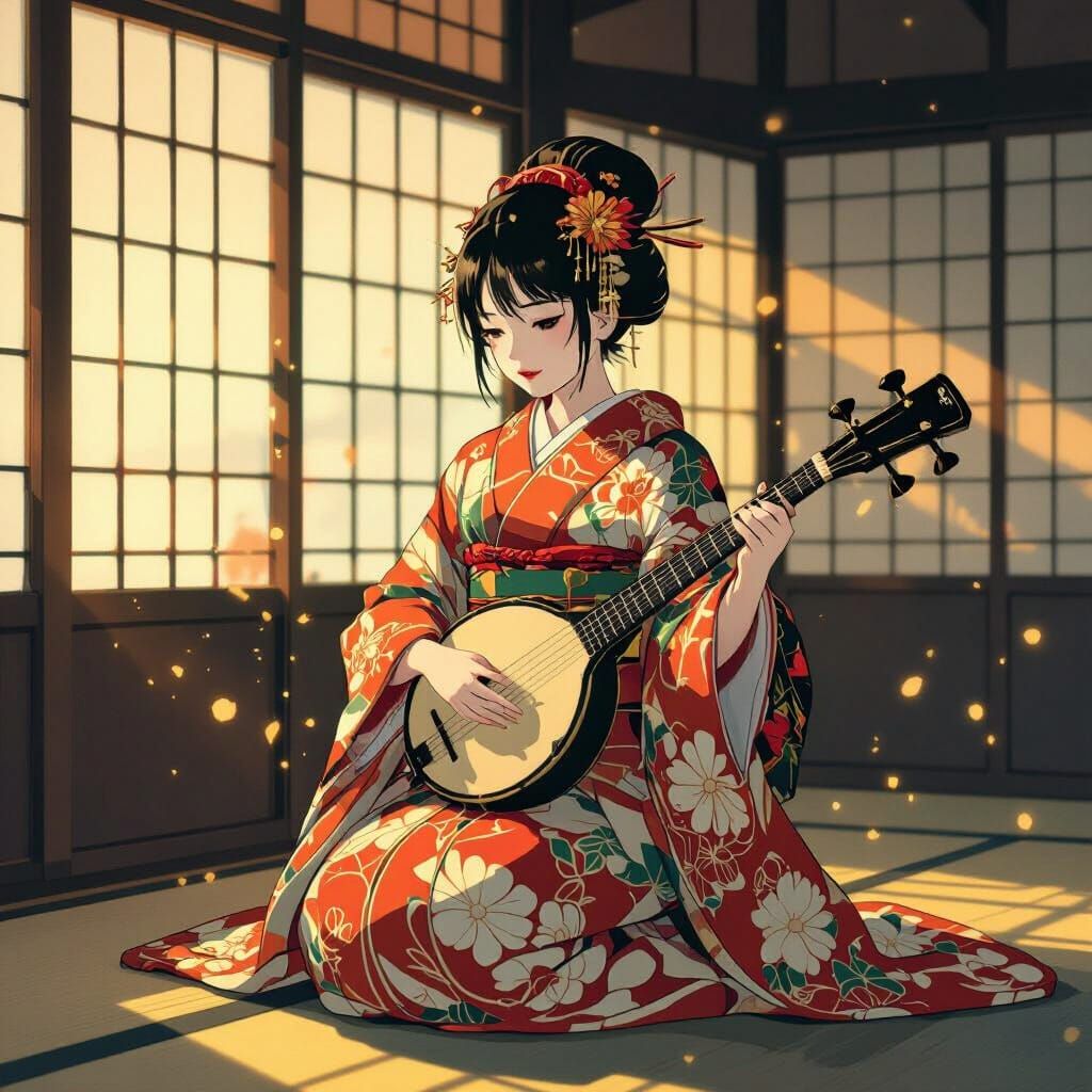 Ukiyo-e Style Portrait of a Girl Playing Shamisen