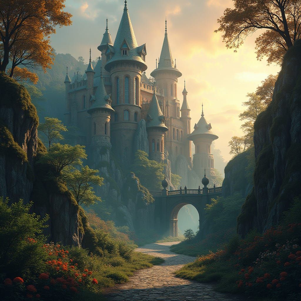 Ancient Magic School Amidst a Vibrant Forest at Dusk