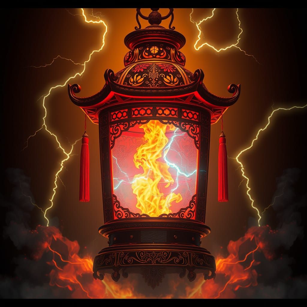 Golden Lantern with Swirling Flames and Lightning