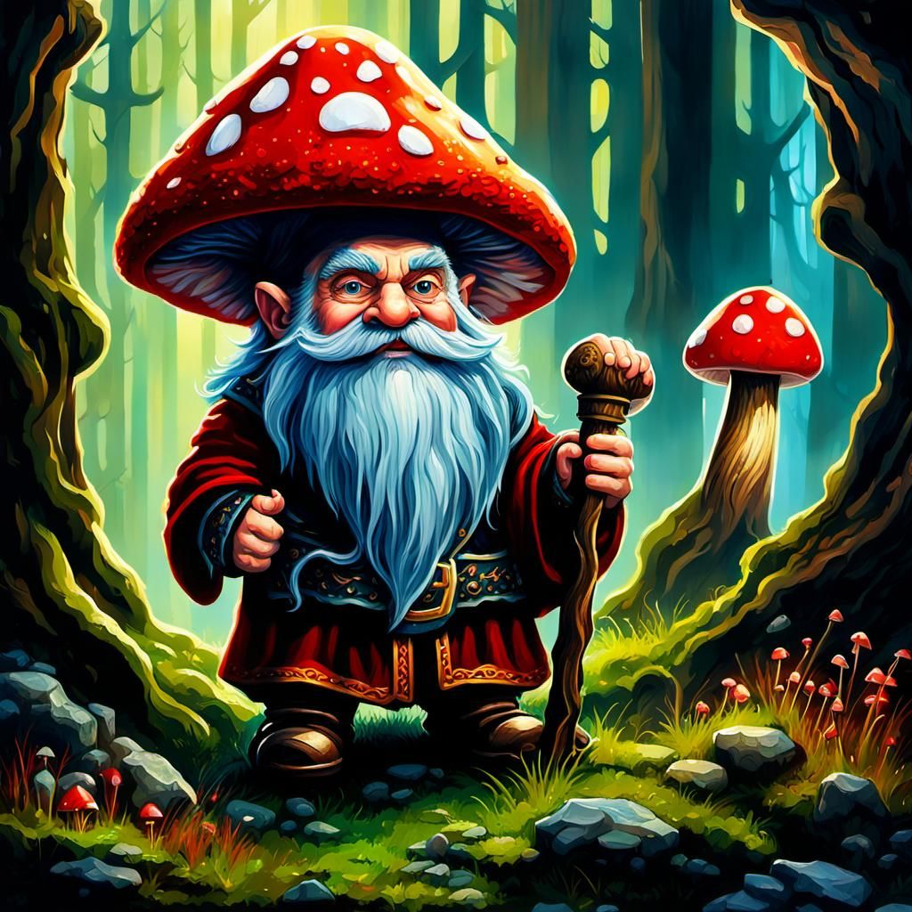 High Gothic Oil Painting: Happy Dwarf in Forest
