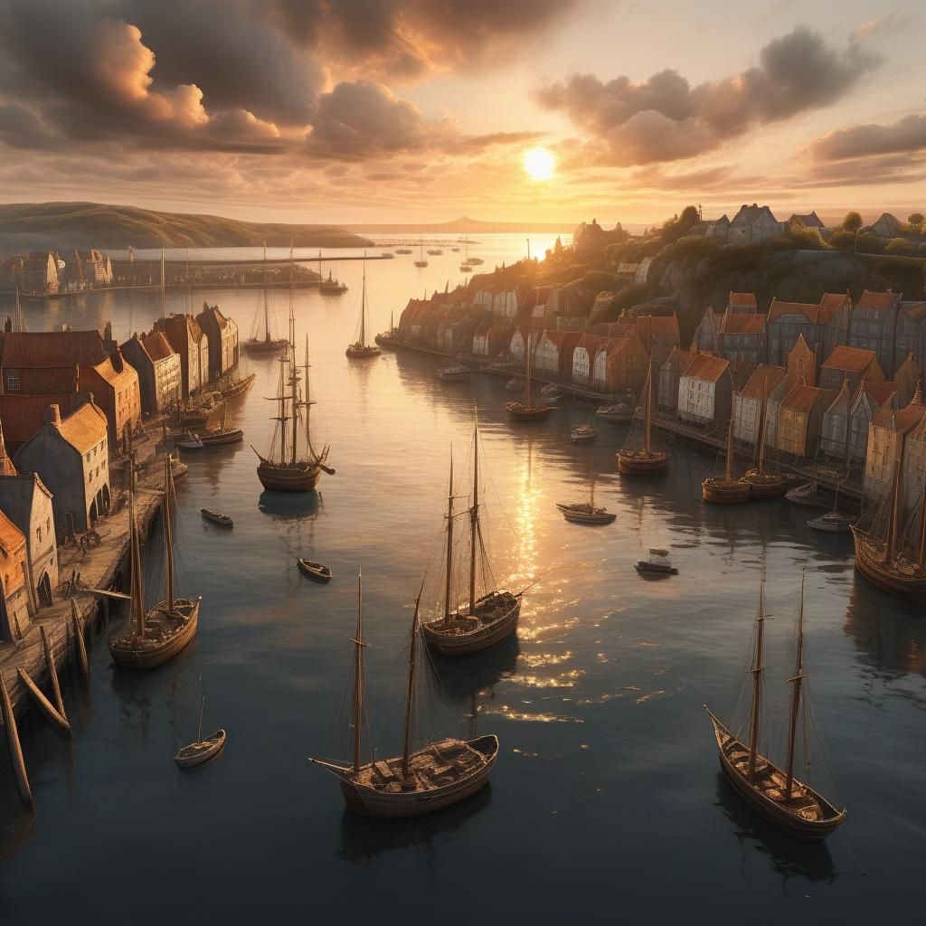 Fantasy Harbor Sunset: Aerial View in Matte Painting Style