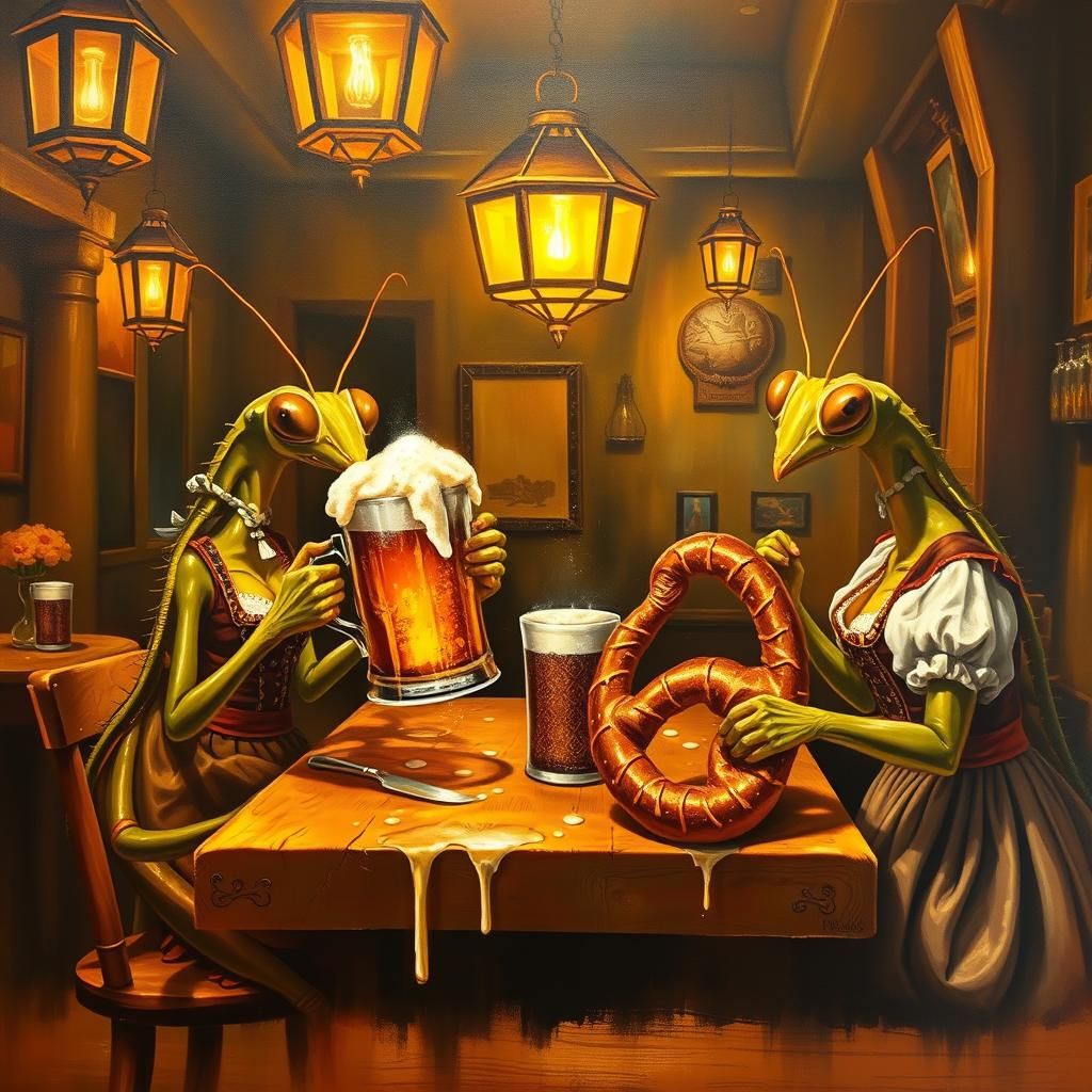 Oktoberfest Celebration with Praying Mantises as Surreal Oil...