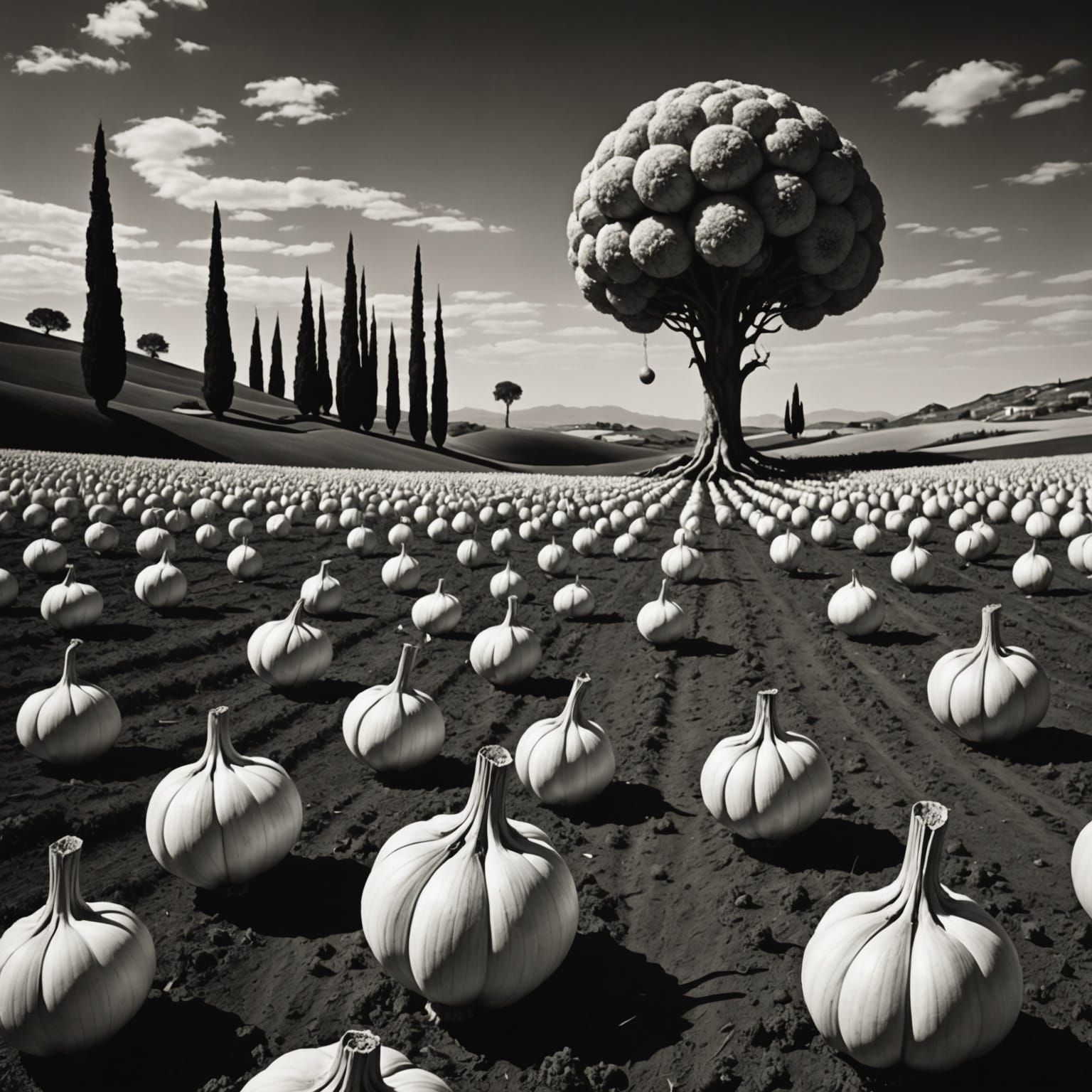Surreal Landscape with Garlic Trees in Monochromatic Style