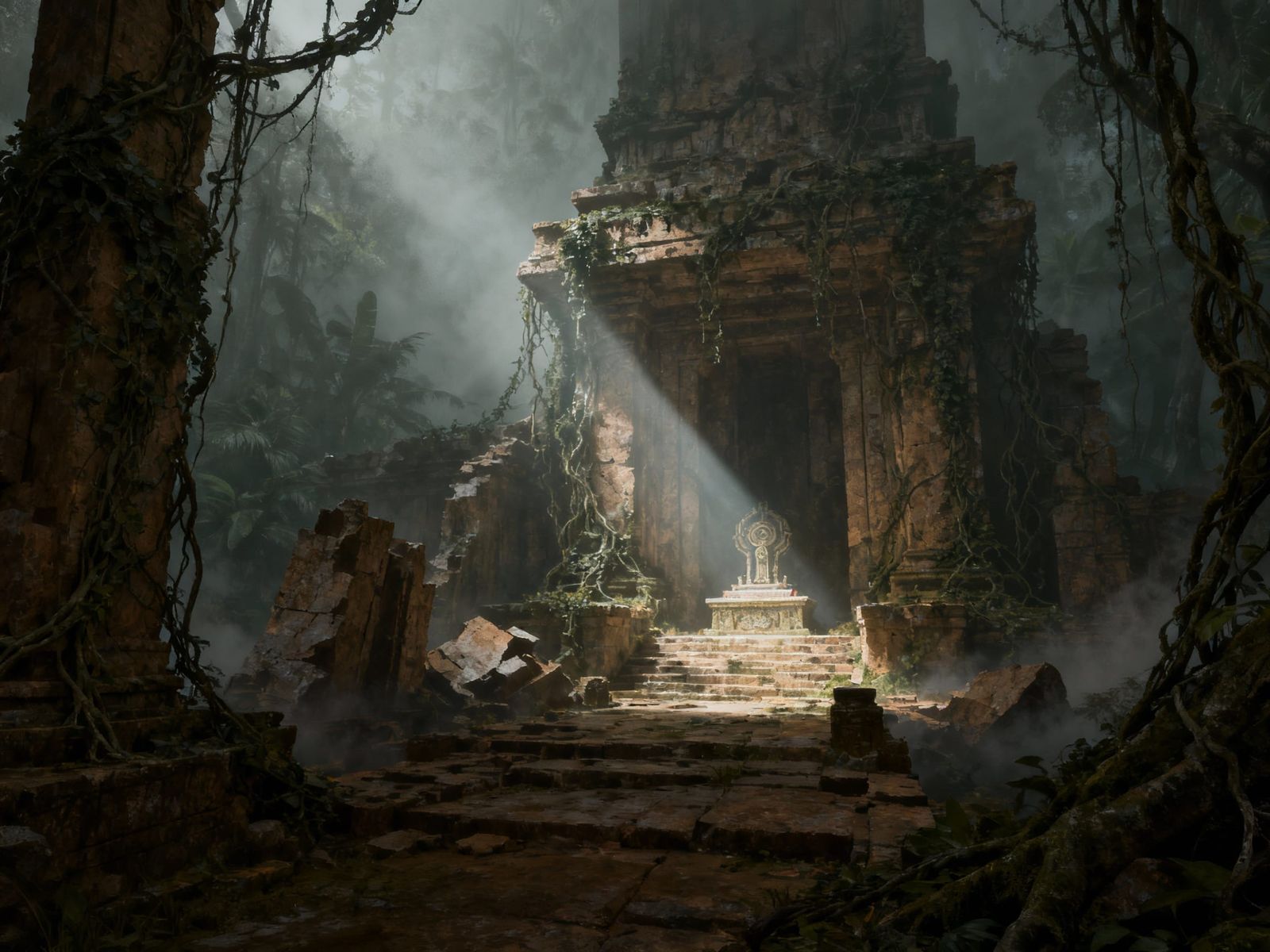 Lost Temple in Misty Jungle with Altar