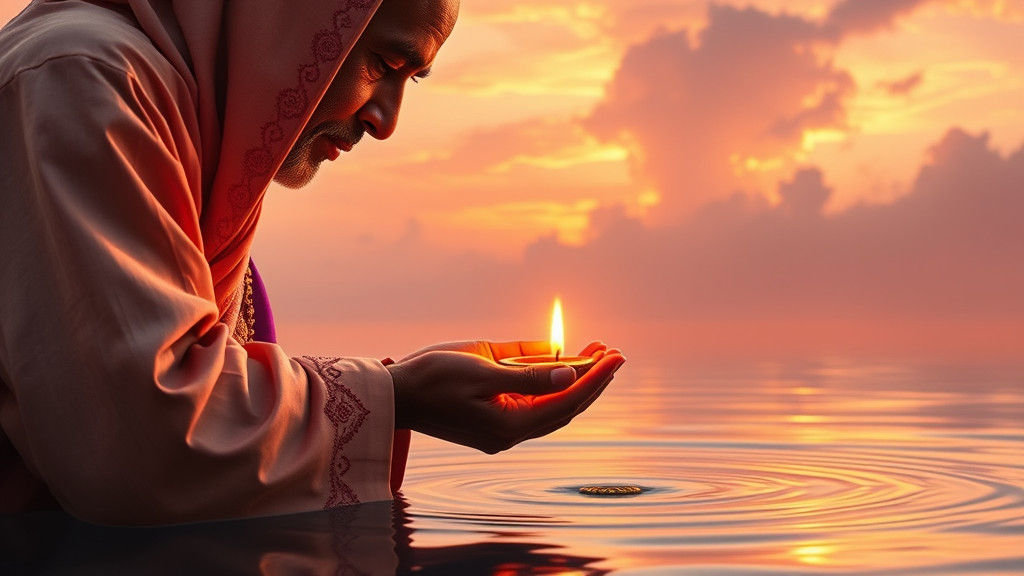 Pilgrim Lights Diya on Sangam Waters in Hyperrealism