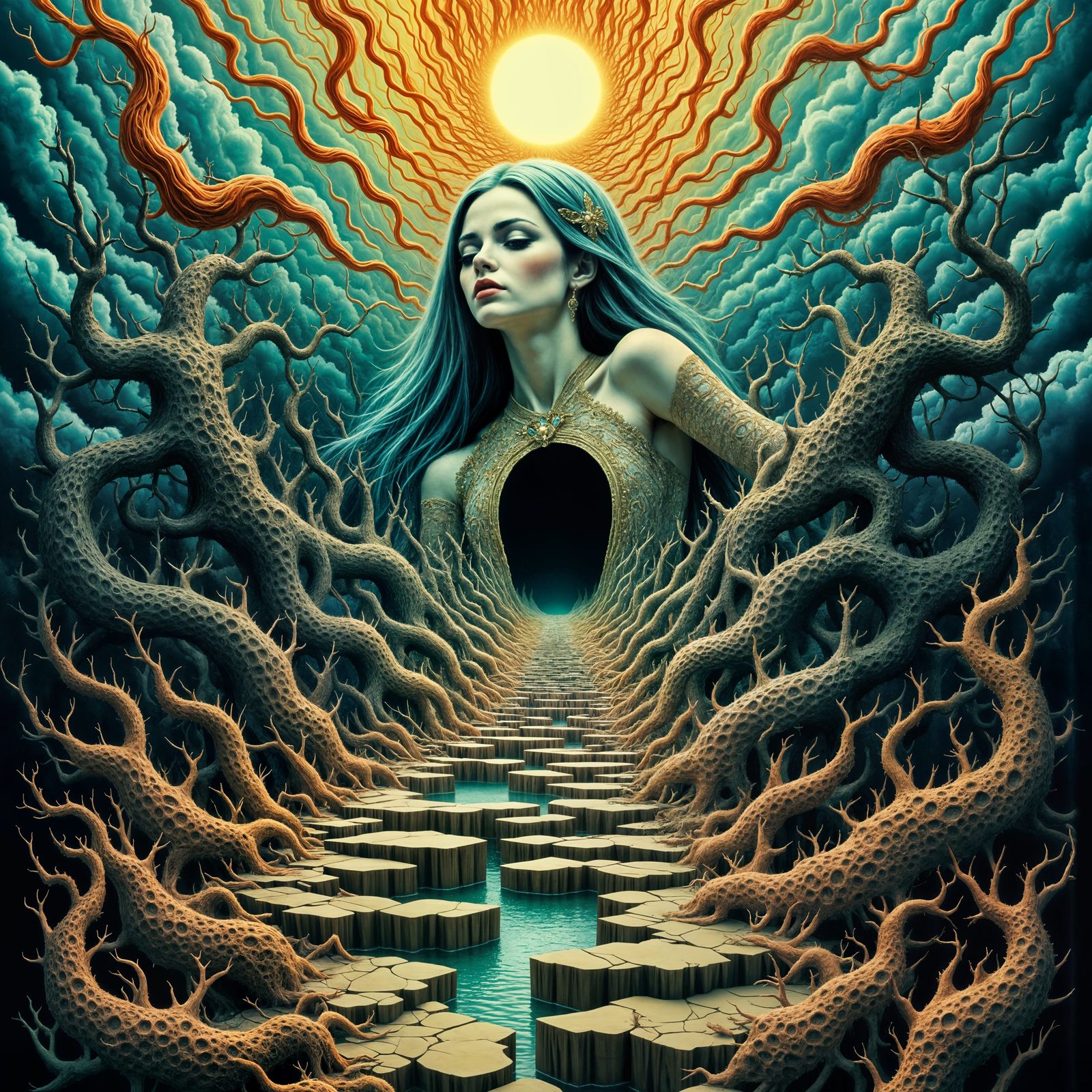 Distorted Figure Lost in Surreal, Dreamlike Labyrinth