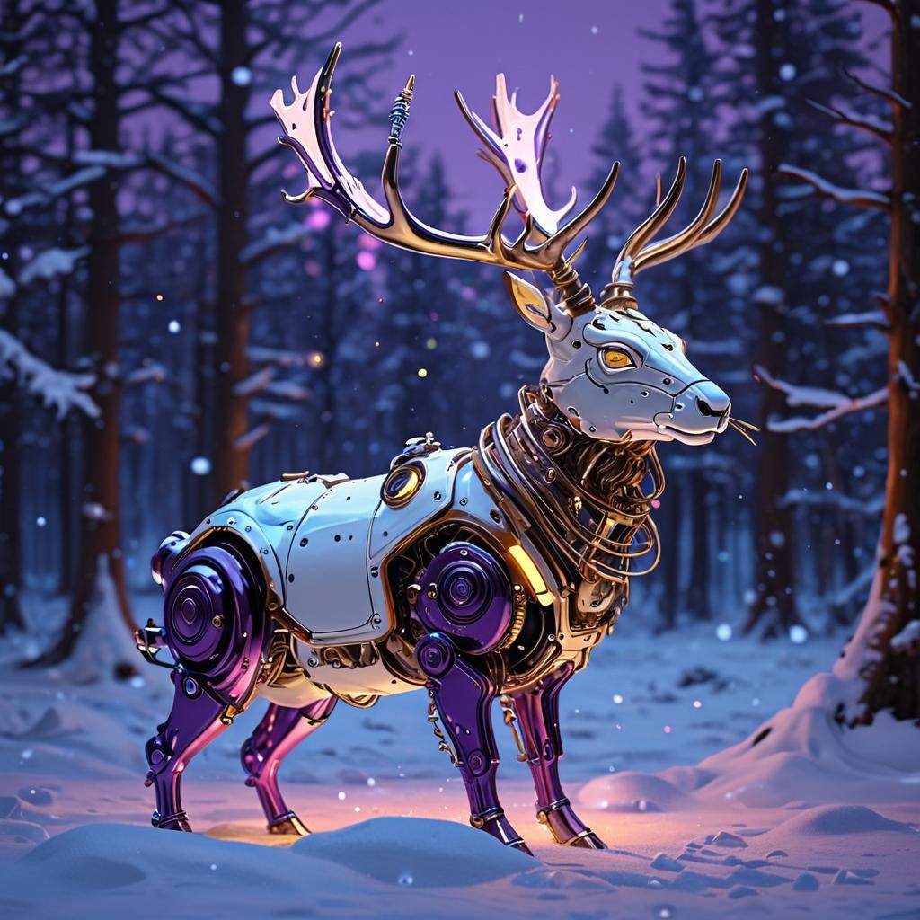 Steampunk Jackalope Android in Snowy Sunset