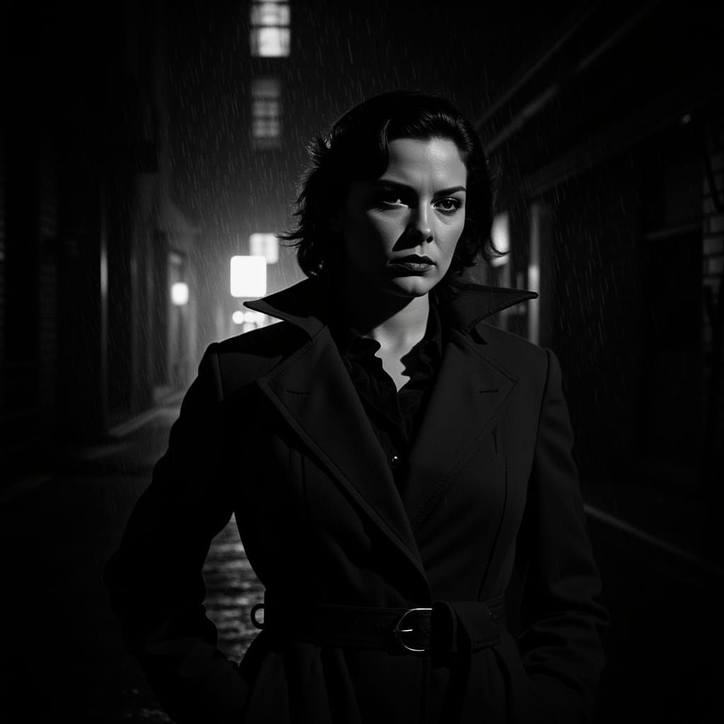 Film Noir Detective in Rainy Alleyway
