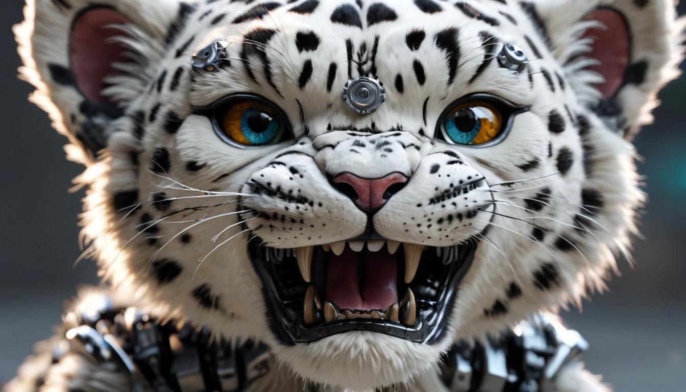 Angry Baby Snow Leopard Cyborg in 8K