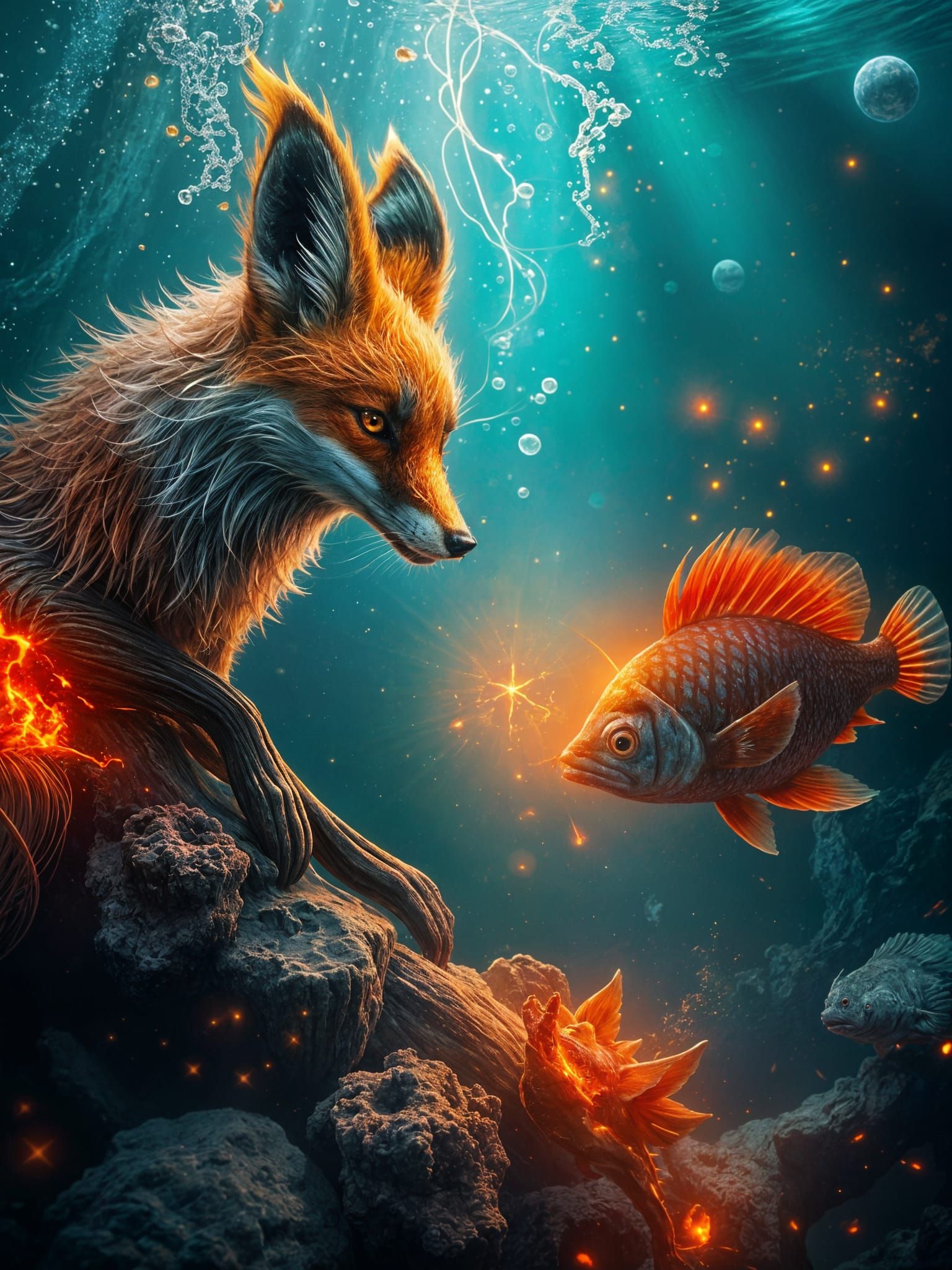 Underwater Fox Meeting Angler Fish in Surreal Style