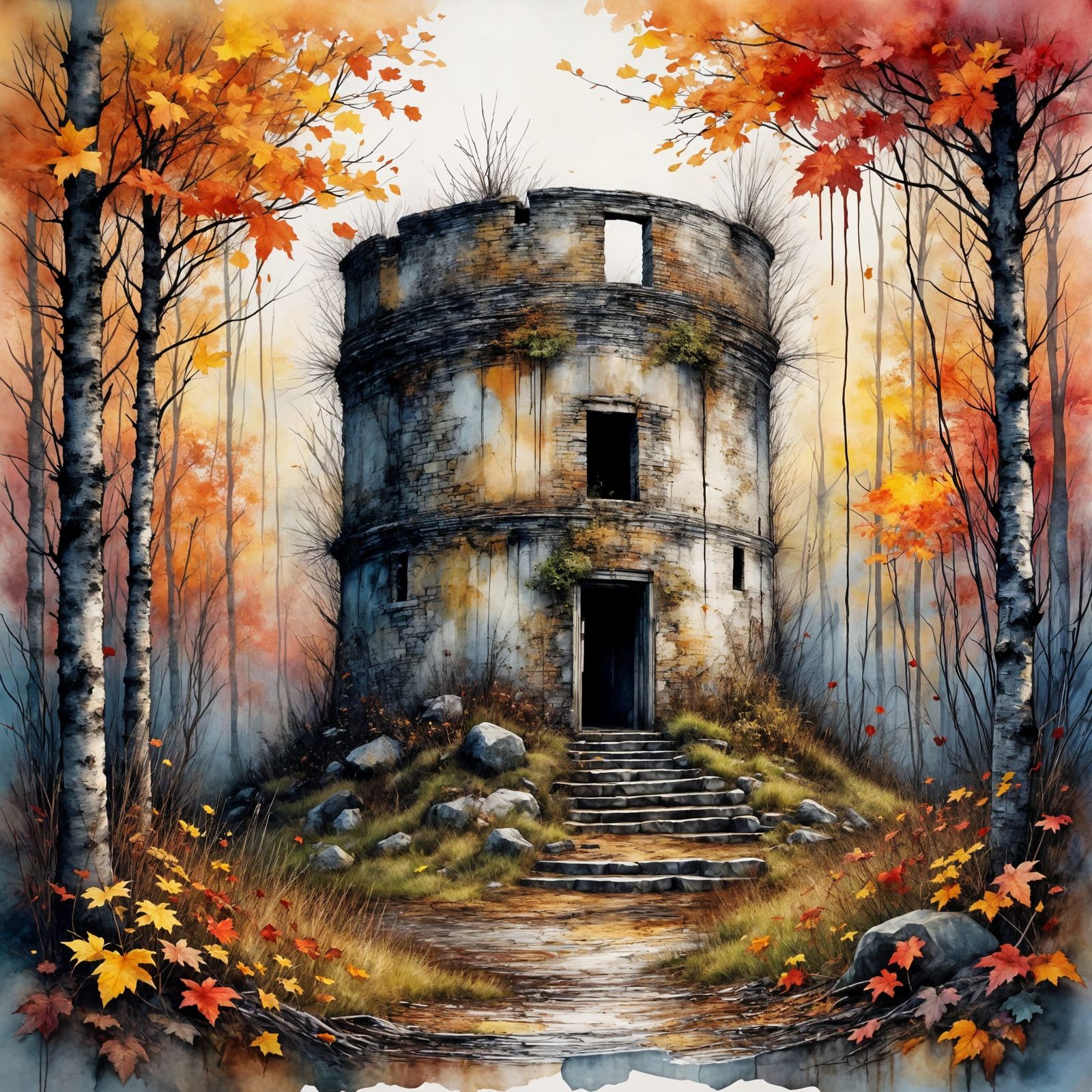 Ruined Tower in Autumn Forest: Watercolor and Ink