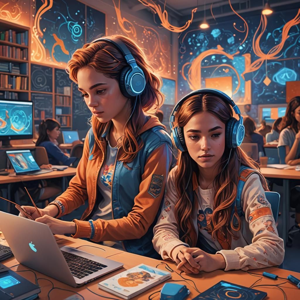 Girls Sharing Music in Fantasy Digital Art