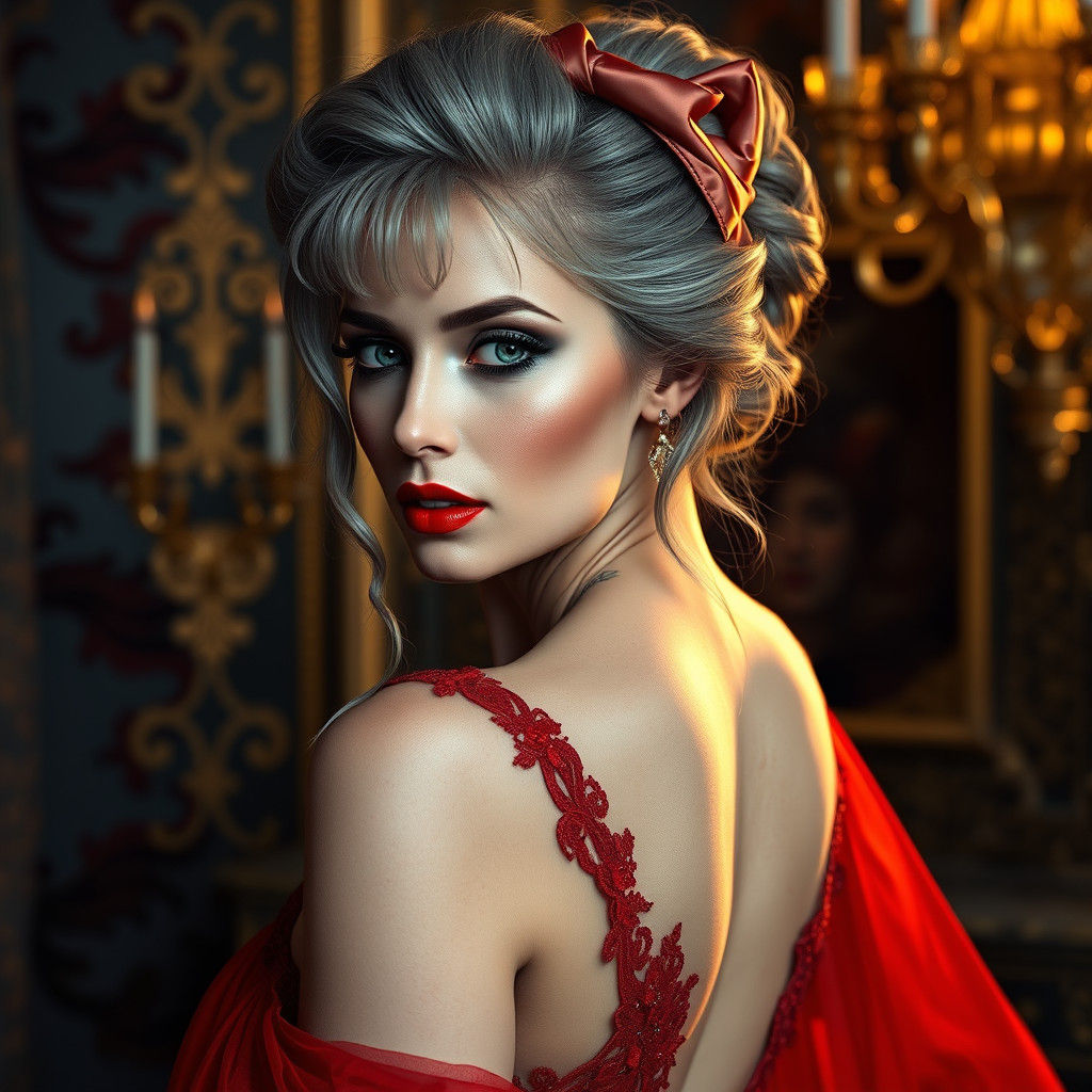 Elegant Woman in Red Gown, Dutch Masters Lighting