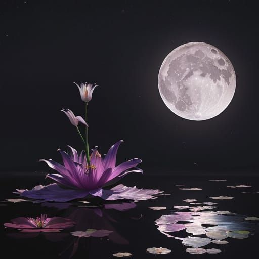 Hyperrealistic Lily Near Moon with Ethereal Glow