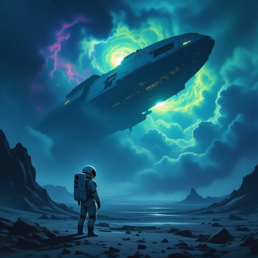 Astronaut on Alien Planet with Decaying Spaceship