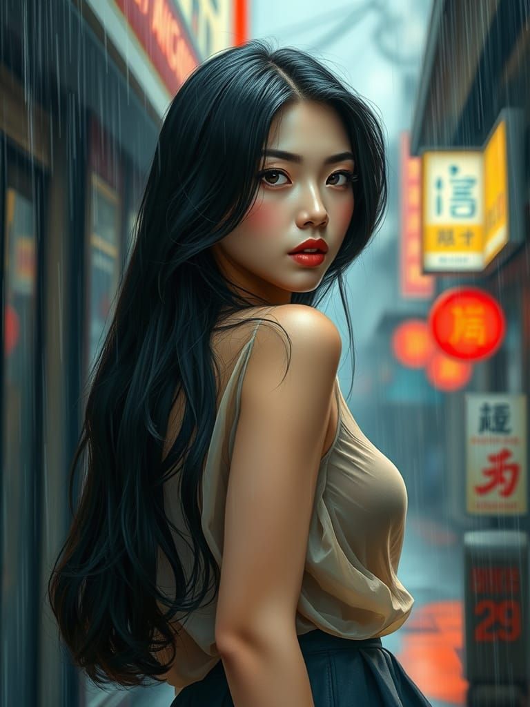 East Asian Woman Posing in Summer Rain, Pin-Up Art